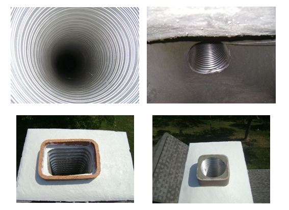 Series of 4 images showing the inside of new stainless steel liner and the process for proper insulation of liner