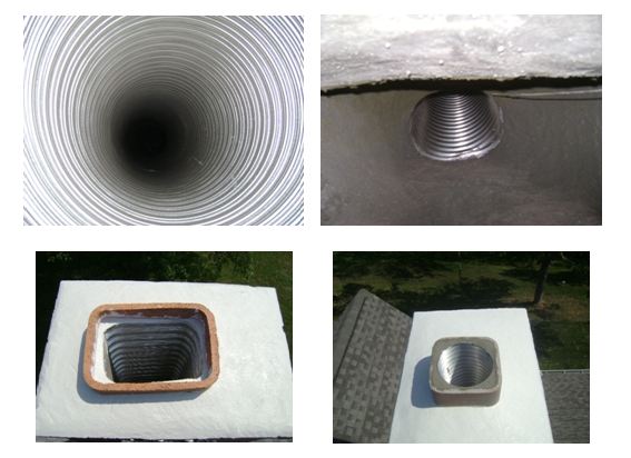 Owens Chimney Original Photo of Chimney Liner Insulation Process Series of 4 images showing the inside of new stainless steel liner and the process for proper insulation of liner