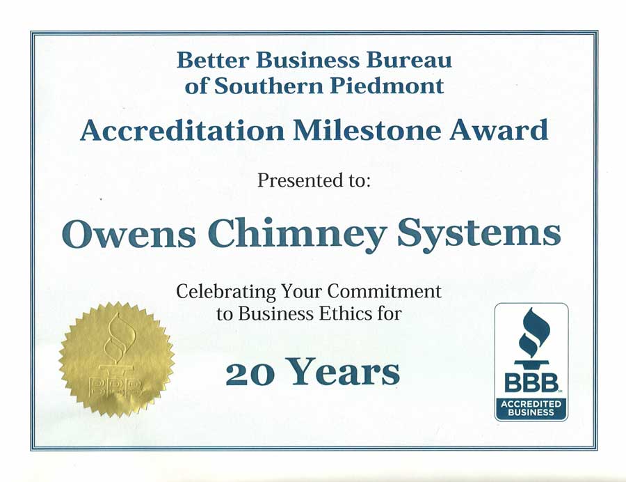 Owens Chimney - Better Business Bureau award for 20 year accreditation milestone