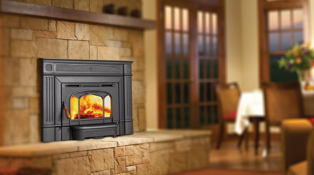 Hampton HI200 Small Wood Insert with beige square cut stone surround and dark wood mantle