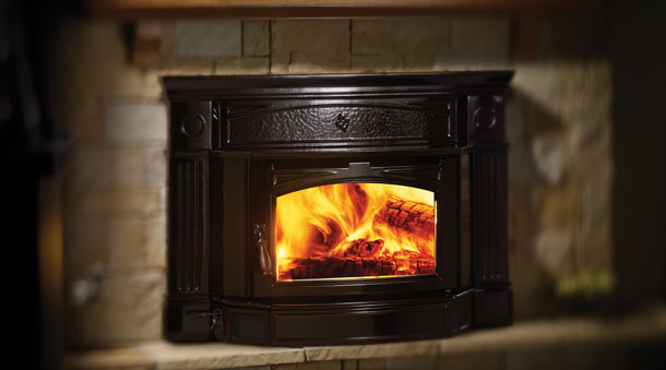Hampton HI300 Medium Wood Insert with beige stone surround and wood mantle