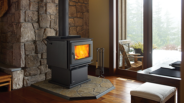 Regency Pro-Series F5100 Extra Large Wood Stove with stone heat shield and outside deck view to side