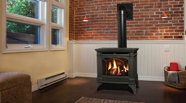 Hampton H35 lit in a cozy room with red brick and white board and batten in background