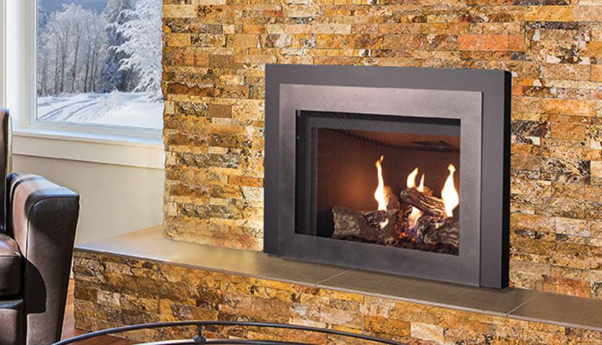 BAC Fireside Group Bellevue 32" Medium Direct Vent Gas Insert with beige stone surround
