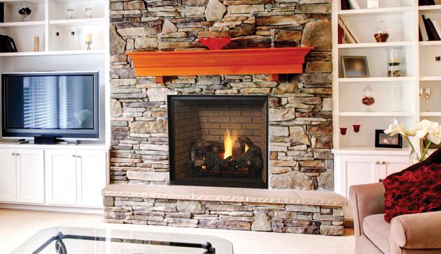 BAC Fireside Group 45" Direct Vent Electronic Ignition Fireplace with multicolored stone surround and wood mantle