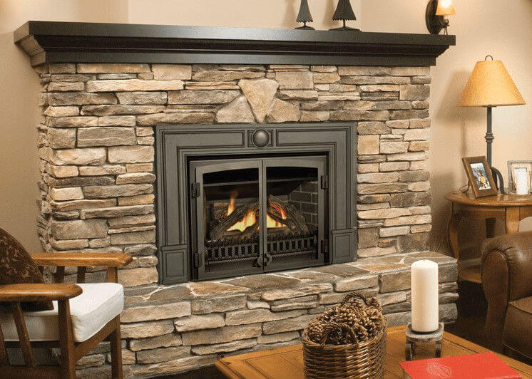 Valor G3 Gas Insert with natural cut stone surround and black smooth finish mantle
