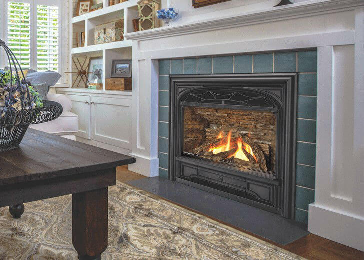 Valor Horizon Gas Fireplace with green tile surround and white board and batten mantle