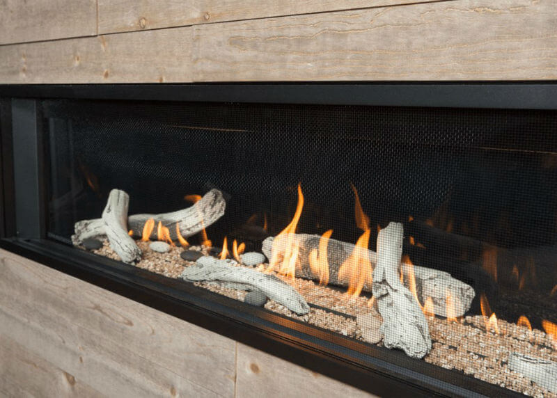 Valor L3 Linear Gas Fireplace - close up of a linear wide view fireplace with reclaimed wood surround