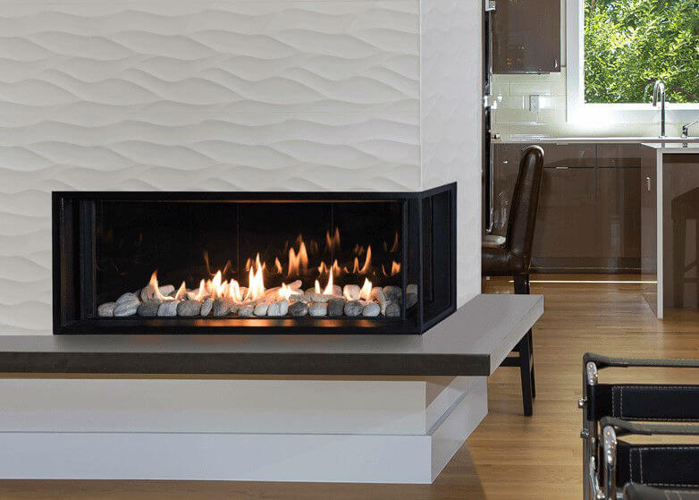 Valor Multi-Sided Lx2 Gas Fireplace - three-sided/corner fireplace set into textured white wall