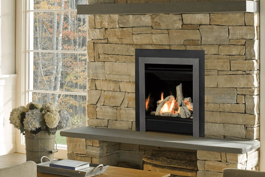 Valor Portrait ZC Gas Fireplace - a smaller, portrait oriented fireplace with stone surround and mantle