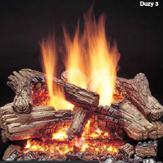 Duzy Refractory Cement Vented Gas Logs Lit with Fire