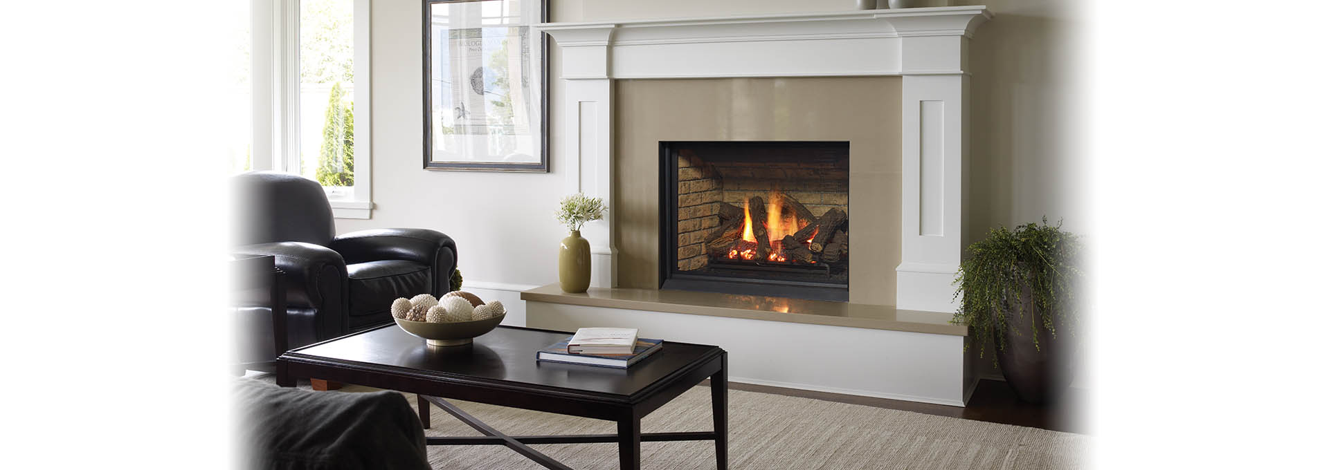 Regency B36XTCE Gas Fireplace with beige tiled surround and white mantle