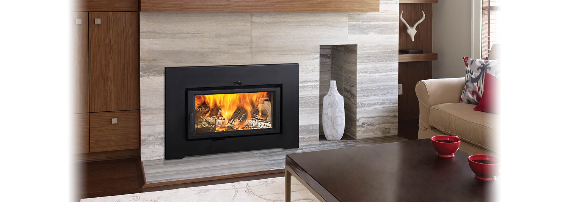 Regency CI2700 Wood Insert with white and grey tile surround and wood mantle