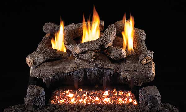 Real Frye G18 Gas Log Set - sculpted, hand-painted logs with distinctive charring on the front log, mimicking a wood fire