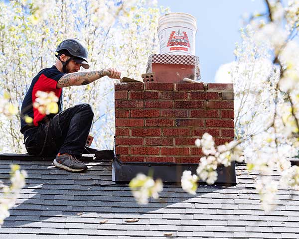 Close up view of chimney technician laying mortar around chimney cap