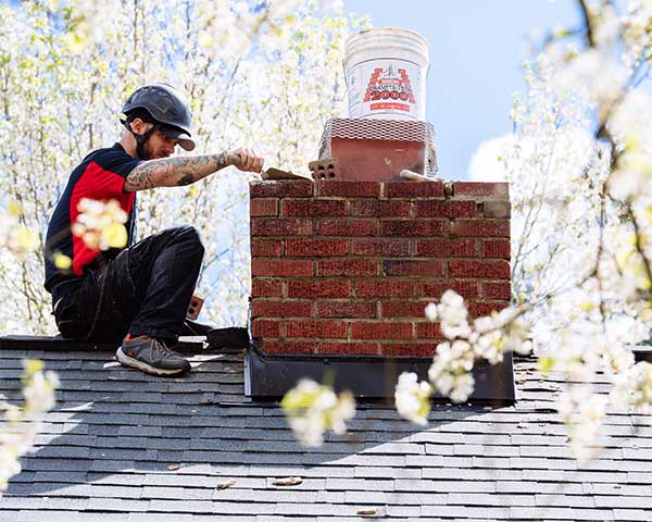 Owens Chimney Original Photo of Chimney Restoration Close up view of chimney technician laying mortar around chimney cap