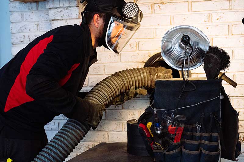 Chimney technician cleaning brick fireplace flue from inside