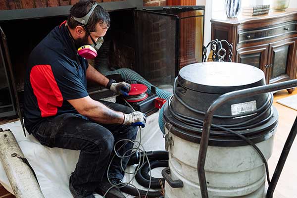 Chimney technician prepping commercial shop vac for chimney sweep service