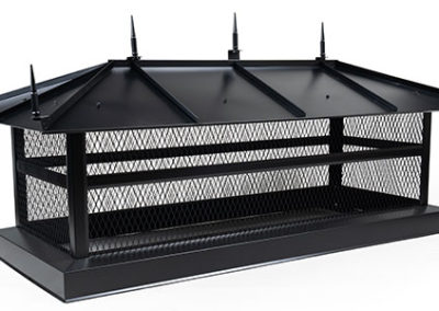 Black galvanized metal chimney cap with large screen area and bird barrier spikes