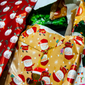 crumpled up Christmas wrapping paper