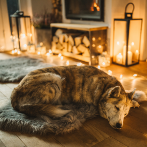 a husky curled up by a fireplace