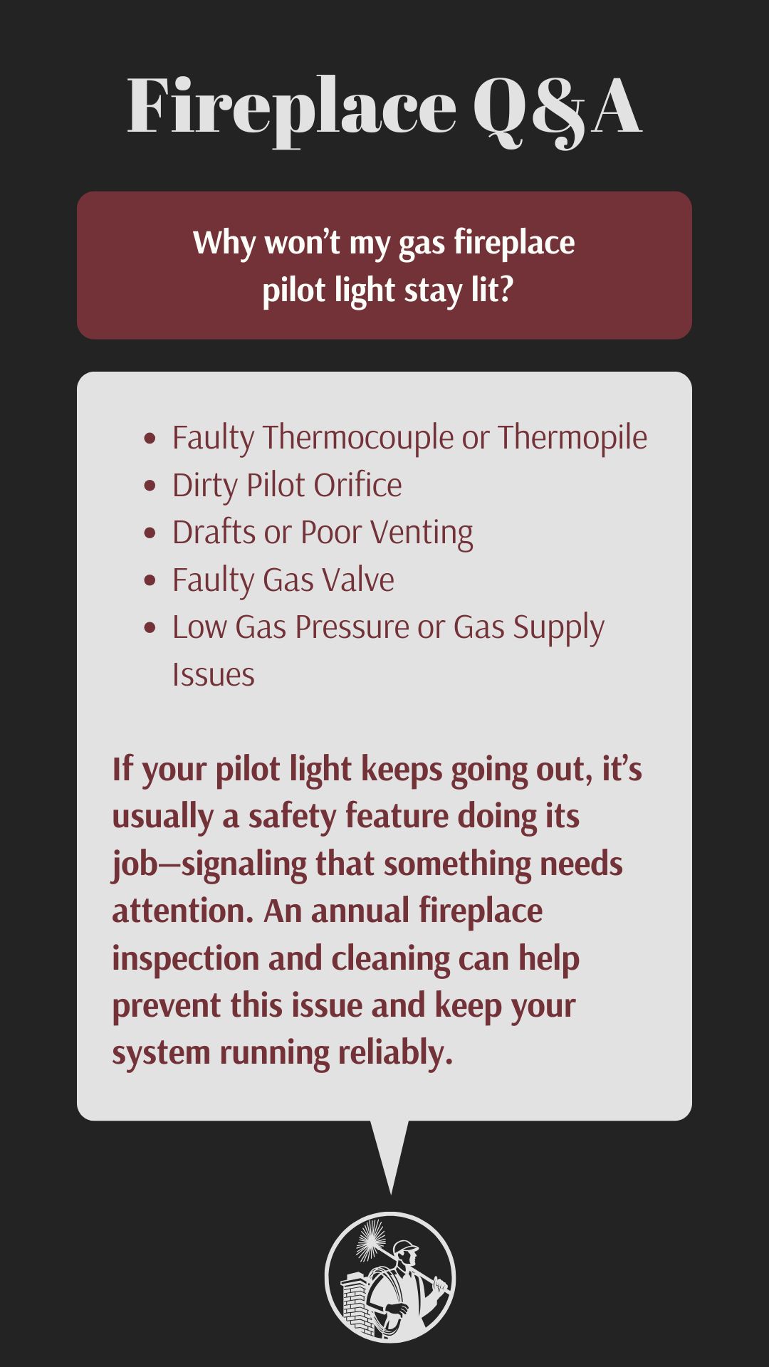 original graphic titled "Fireplace Q&A" asks, "Why won't my gas fireplace pilot light stay lit?" Below the question, a bulleted list provides potential reasons: "Faulty Thermocouple or Thermopile," "Dirty Pilot Orifice," "Drafts or Poor Venting," "Faulty Gas Valve," and "Low Gas Pressure or Gas Supply Issues." Below the list, a paragraph states: "If your pilot light keeps going out, it's usually a safety feature doing its job—signaling that something needs attention. An annual fireplace inspection and cleaning can help prevent this issue and keep your system running reliably." Below the text box, a circular logo features a silhouetted figure of a chimney sweep holding a brush next to a fireplace. The text is presented against a dark gray background. original graphic titled "Fireplace Q&A" asks, "Why won't my gas fireplace pilot light stay lit?" Below the question, a bulleted list provides potential reasons: "Faulty Thermocouple or Thermopile," "Dirty Pilot Orifice," "Drafts or Poor Venting," "Faulty Gas Valve," and "Low Gas Pressure or Gas Supply Issues." Below the list, a paragraph states: "If your pilot light keeps going out, it's usually a safety feature doing its job—signaling that something needs attention. An annual fireplace inspection and cleaning can help prevent this issue and keep your system running reliably." Below the text box, a circular logo features a silhouetted figure of a chimney sweep holding a brush next to a fireplace. The text is presented against a dark gray background.