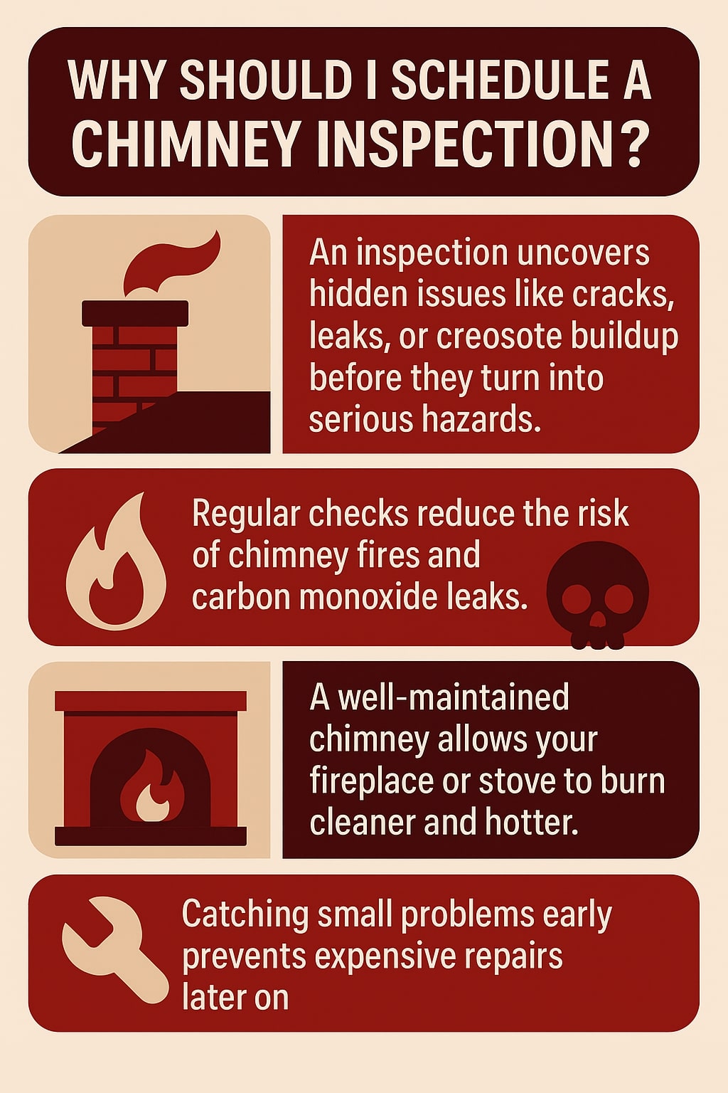 original infographic with a beige background and dark red accent boxes asks, “Why Should I Schedule a Chimney Inspection?” in bold white text at the top. The design is divided into four sections, each with an icon and supporting text. The first section shows a red brick chimney with smoke and states inspections uncover hidden issues like cracks, leaks, or creosote buildup before they become serious hazards. The second section has a flame icon and skull symbol alongside text explaining that regular checks reduce the risk of chimney fires and carbon monoxide leaks. The third section features a fireplace with flames inside and notes that a well-maintained chimney allows your fireplace or stove to burn cleaner and hotter. The final section shows a wrench icon and emphasizes that catching small problems early prevents expensive repairs later on. The color scheme alternates between light tan and dark red backgrounds with white lettering for strong contrast.<br />
