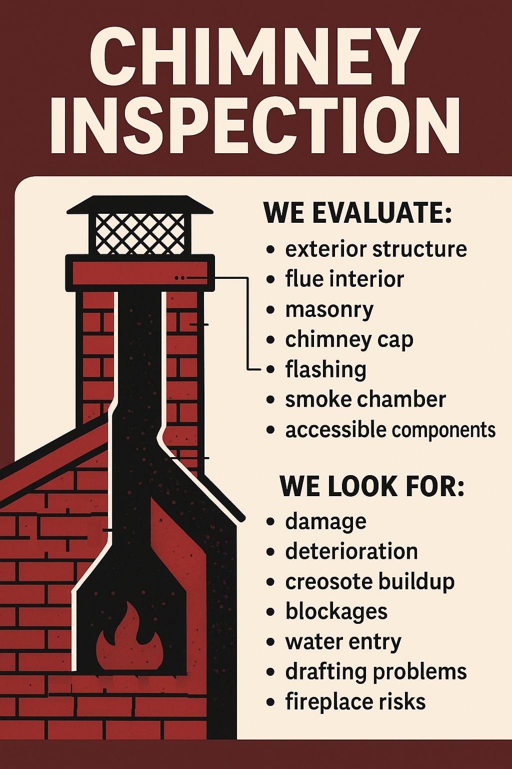 original infographic shows a tall, rectangular chimney illustration on the left in shades of deep red, black, and cream, with brick textures and a cutaway view revealing the flue and a small stylized flame at the bottom; the chimney cap is depicted with a black roof and mesh screen, while the background is split horizontally with a dark red top section and a cream lower section; large bold cream text at the top reads “CHIMNEY INSPECTION,” and to the right of the chimney are two bold headers in black text, “WE EVALUATE:” and “WE LOOK FOR:,” each followed by black bullet-point lists including items such as exterior structure, flue interior, masonry, chimney cap, flashing, smoke chamber, accessible components, damage, deterioration, creosote buildup, blockages, water entry, drafting problems, and fireplace risks, all arranged cleanly with strong contrast and simple, flat graphic design.