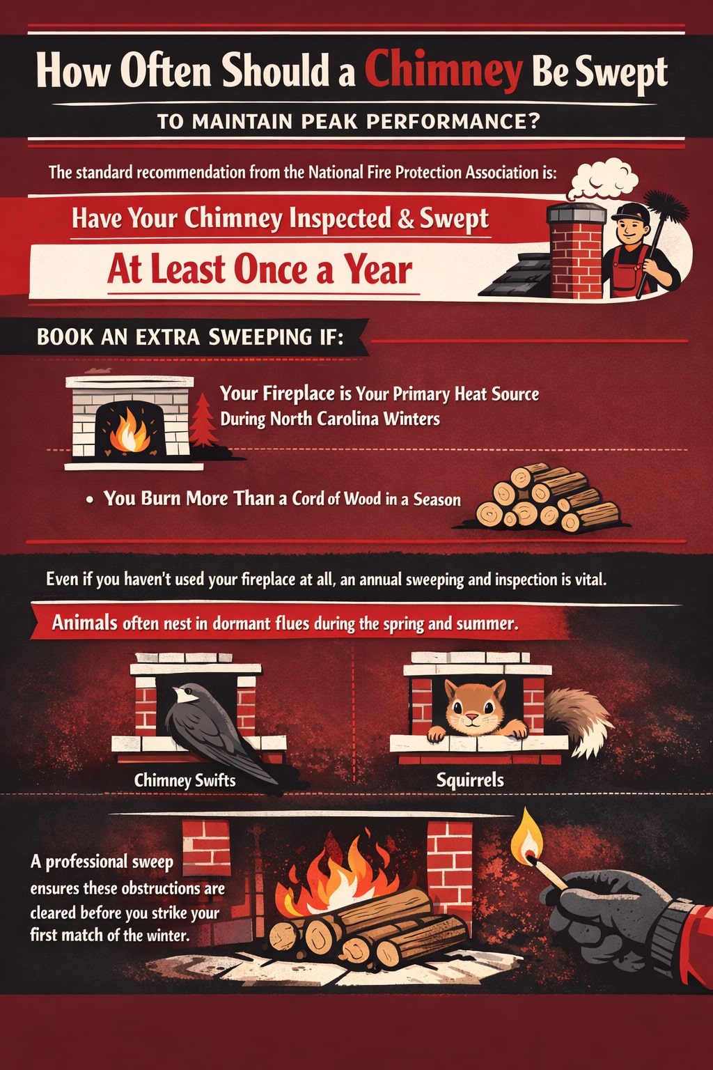 original infographic with a dark red textured background and cream, black, and red typography titled “How Often Should a Chimney Be Swept to Maintain Peak Performance?” with the word “Chimney” emphasized in red, followed by text stating the National Fire Protection Association recommendation to have your chimney inspected and swept at least once a year, illustrated by a smiling cartoon chimney sweep holding brushes next to a brick chimney, a section reading “Book an Extra Sweeping If:” paired with icons of a lit fireplace noting it is your primary heat source during North Carolina winters and a stack of firewood indicating burning more than a cord of wood in a season, additional text explaining that even unused fireplaces need annual inspections because animals often nest in dormant flues, shown with illustrated chimney openings containing a chimney swift bird and a squirrel labeled accordingly, and a bottom scene of a brick fireplace with stacked logs and active flames alongside a gloved hand holding a lit match, reinforcing the importance of clearing obstructions before winter use.